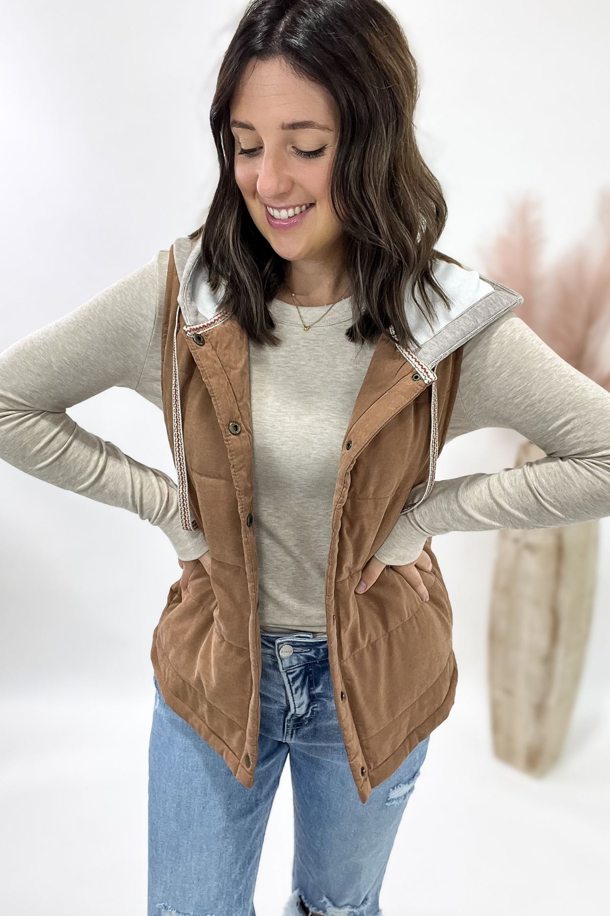 Mocha Puffer Vest With Hoodie