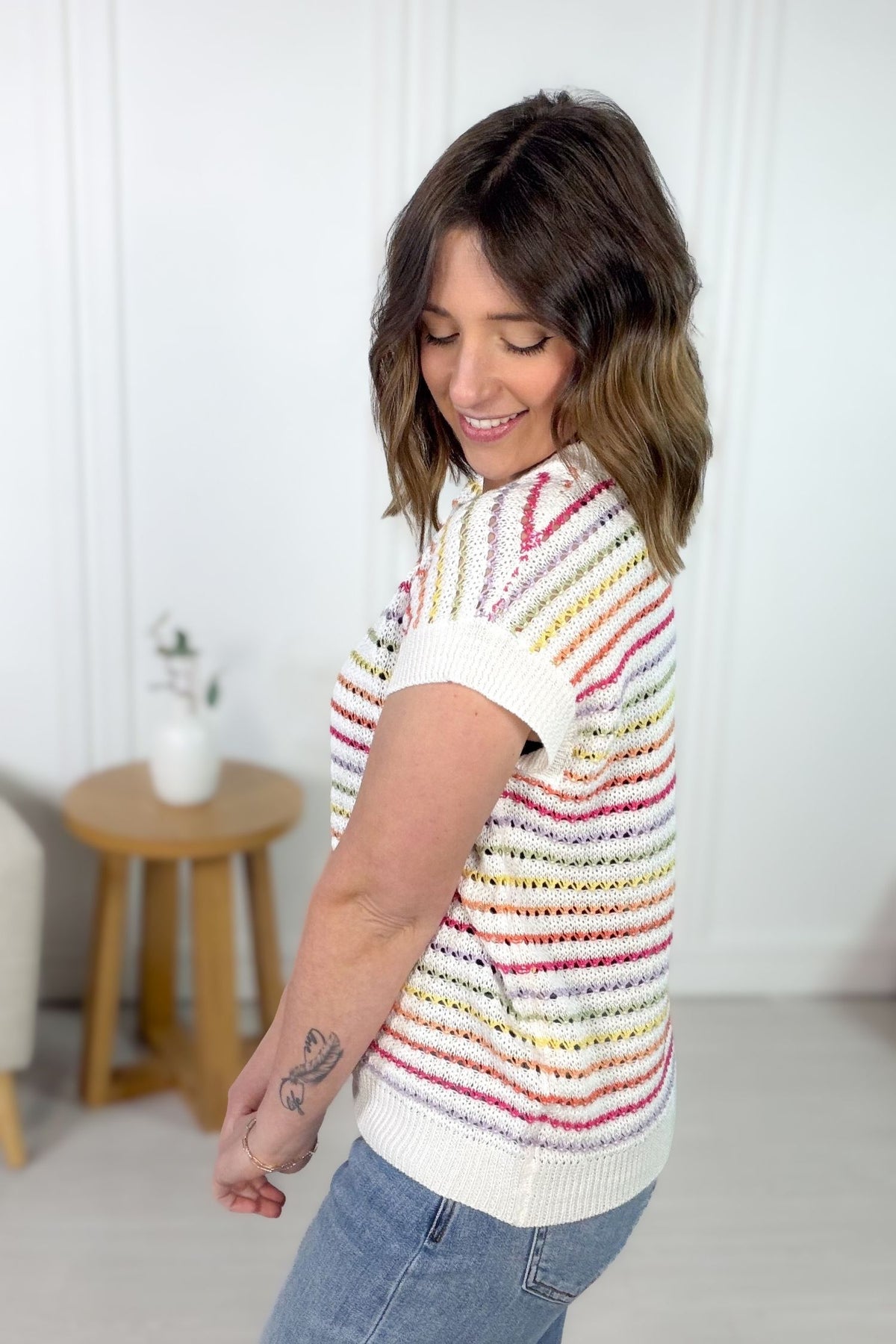 Soft stretchy short sleeve knit top with stripes