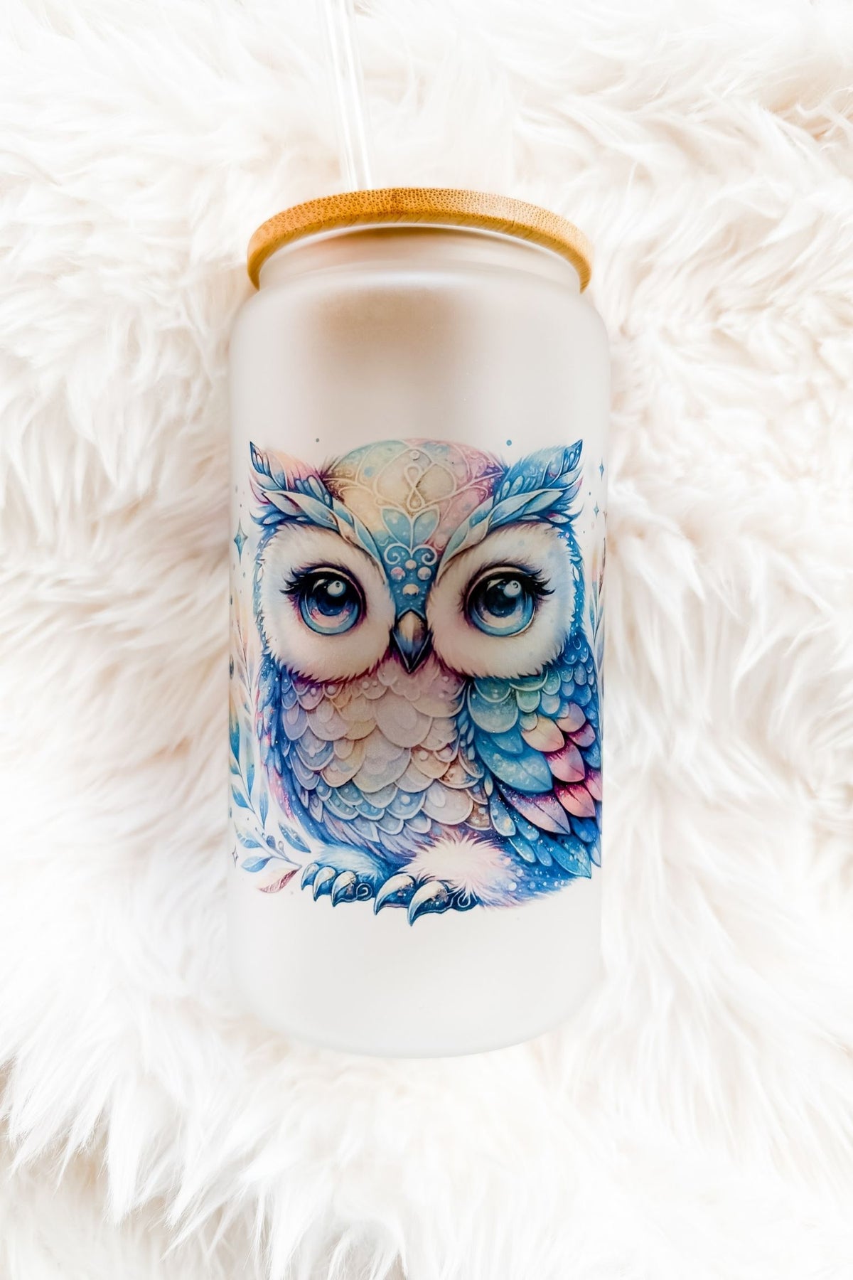 Multi Colored Owl 16oz Frosted Glass Tumbler