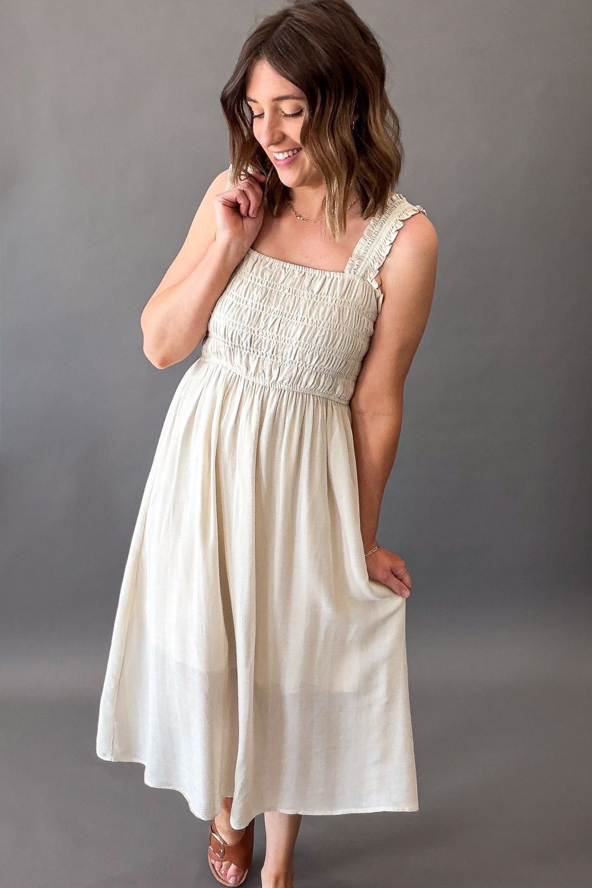 Lightweight striped midi dress with ruffle straps