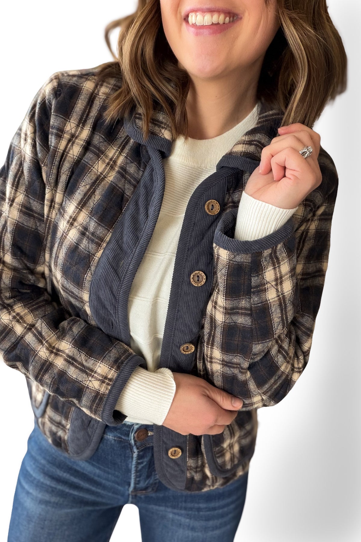 Navy Quilted Plaid Jacket