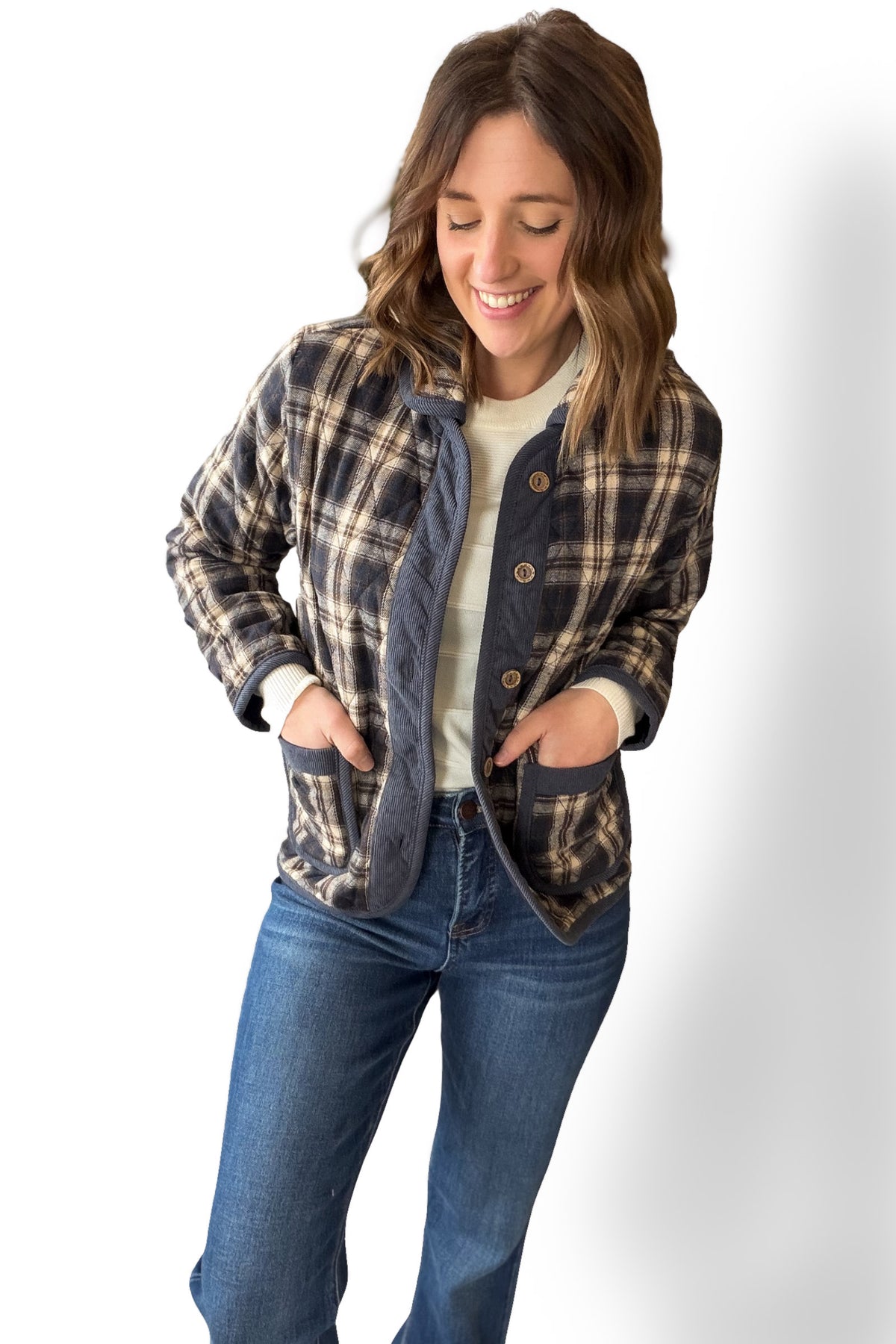 Navy Quilted Plaid Jacket