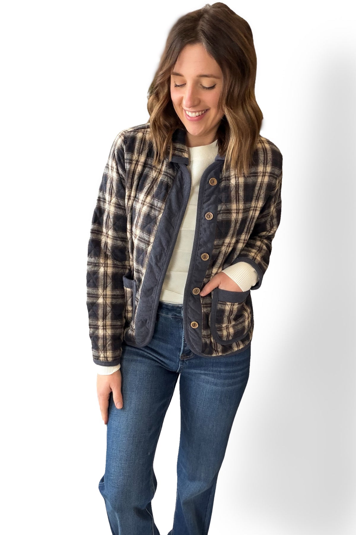 Navy Quilted Plaid Jacket