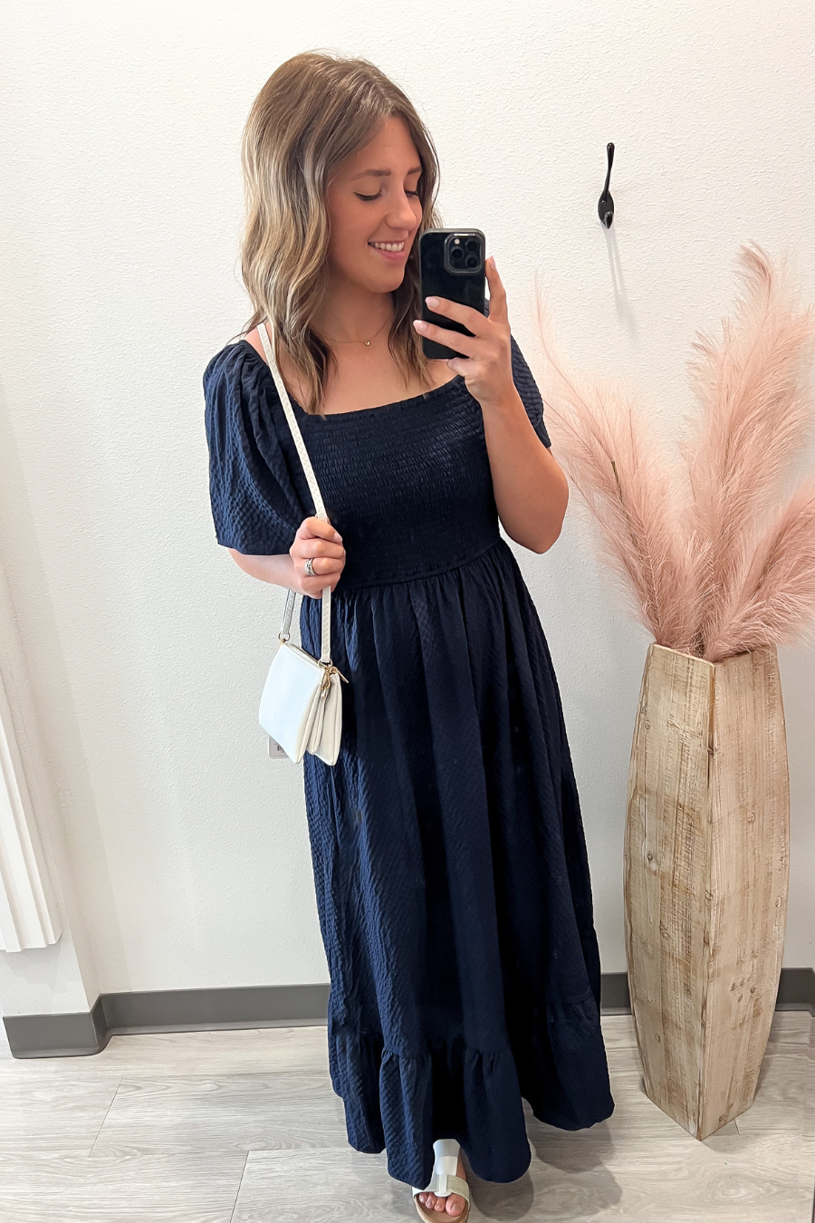 Navy Square Neck Smocked Maxi Dress
