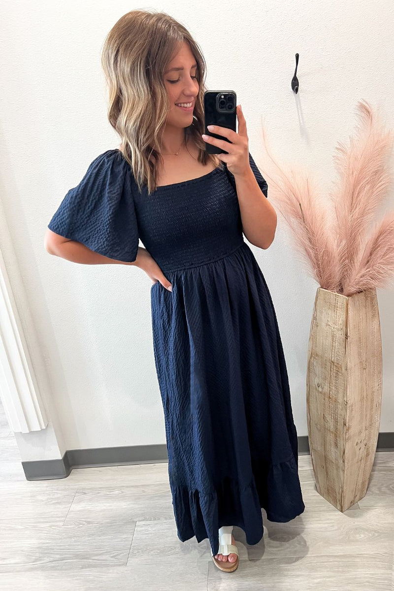 Navy Square Neck Smocked Maxi Dress