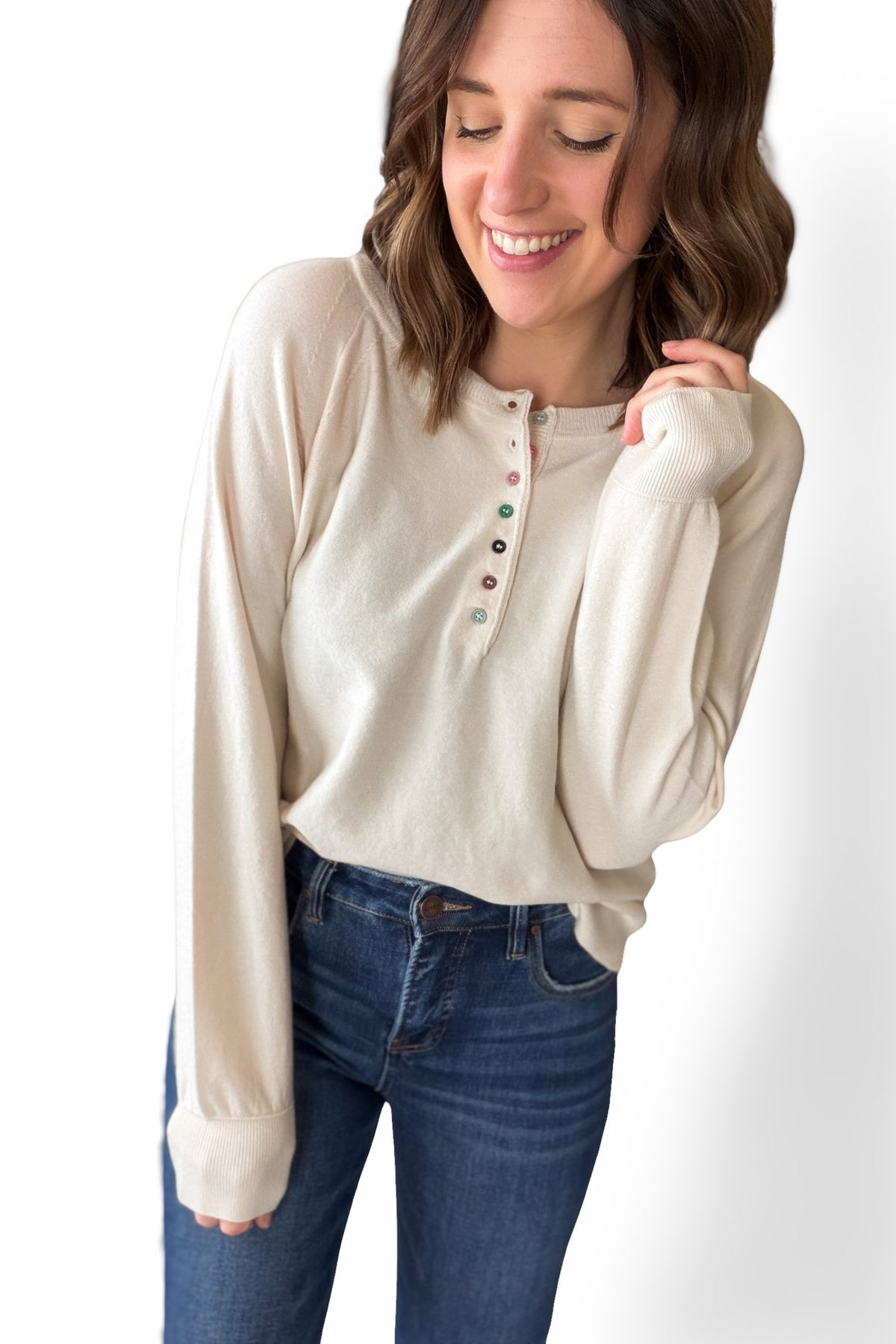 Oatmeal Henley Multi Colored Button Sweater