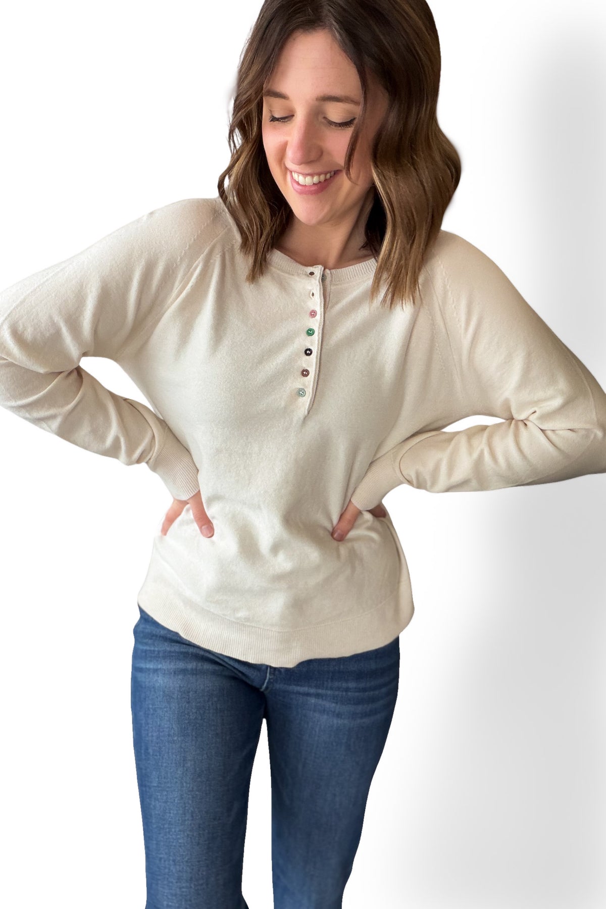 Oatmeal Henley Multi Colored Button Sweater