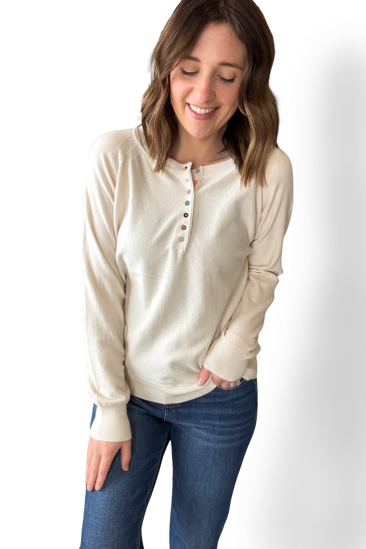 Oatmeal Henley Multi Colored Button Sweater