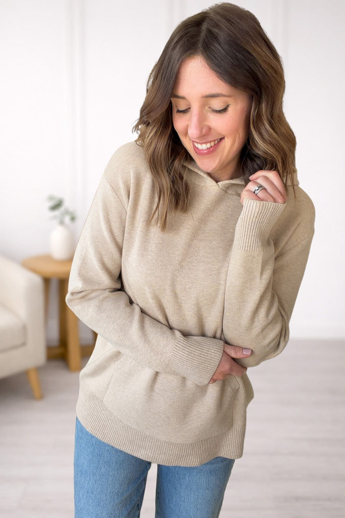 Oatmeal oversized sweatshirt hoodie styled with denim for everyday boutique look.