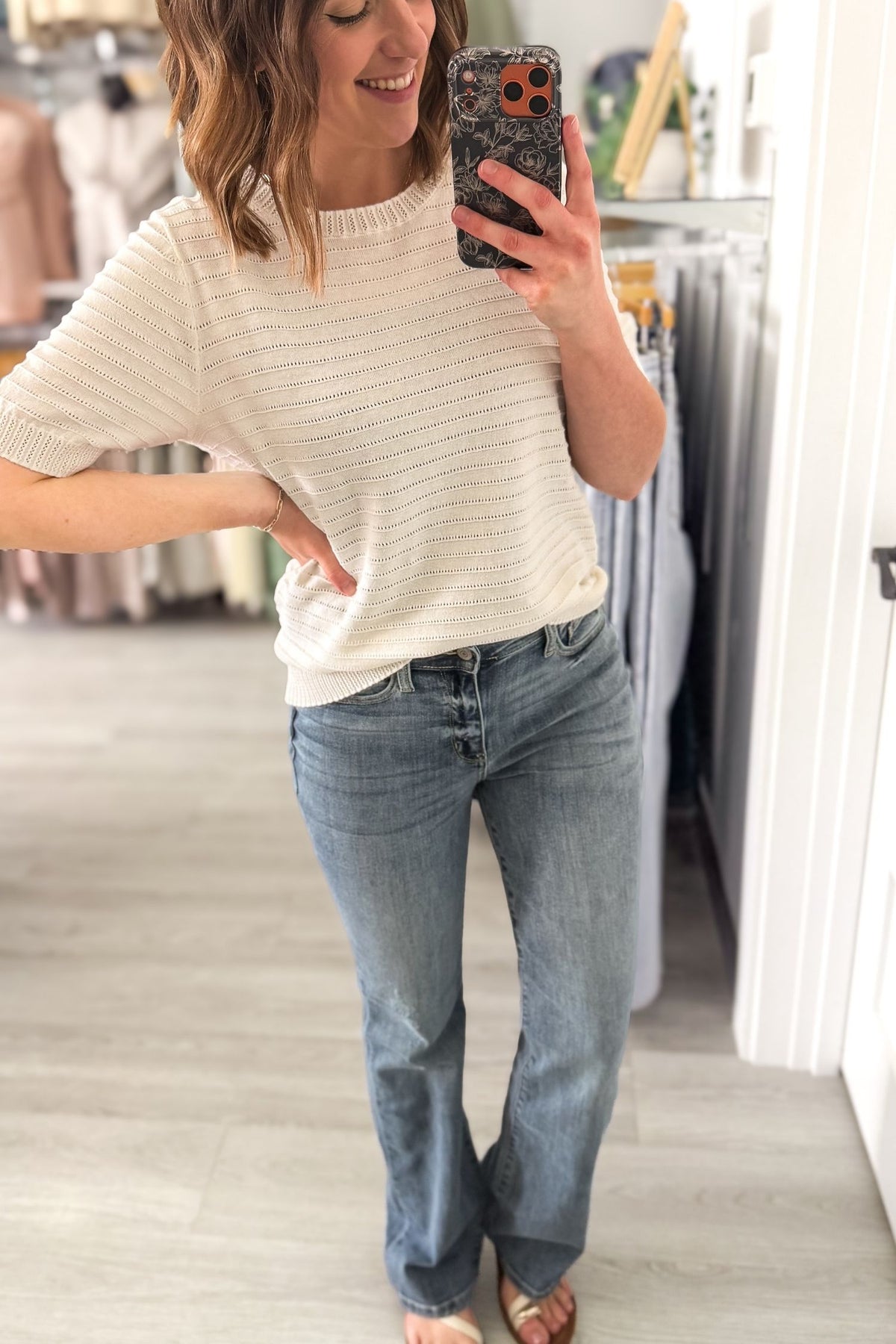 Off White Pointelle Texture Short Sleeve