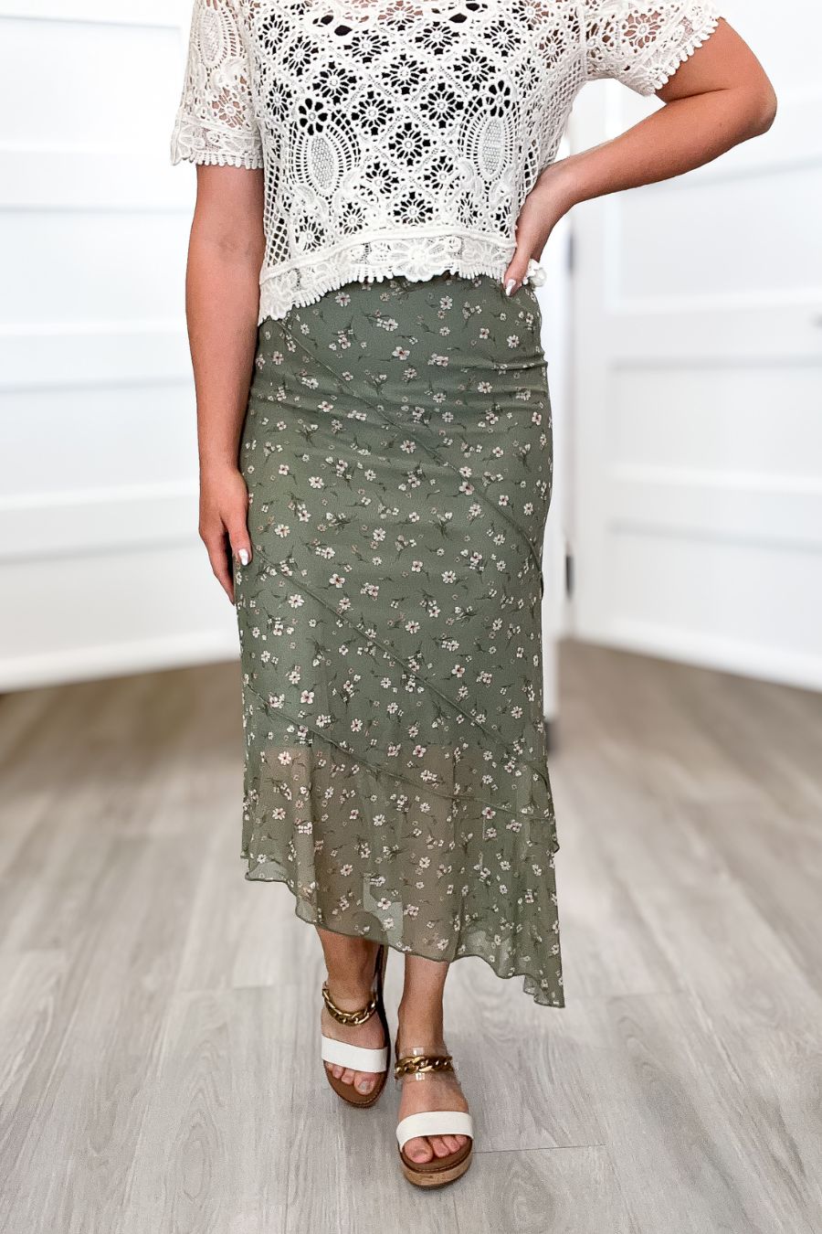 Olive Floral Mesh Skirt