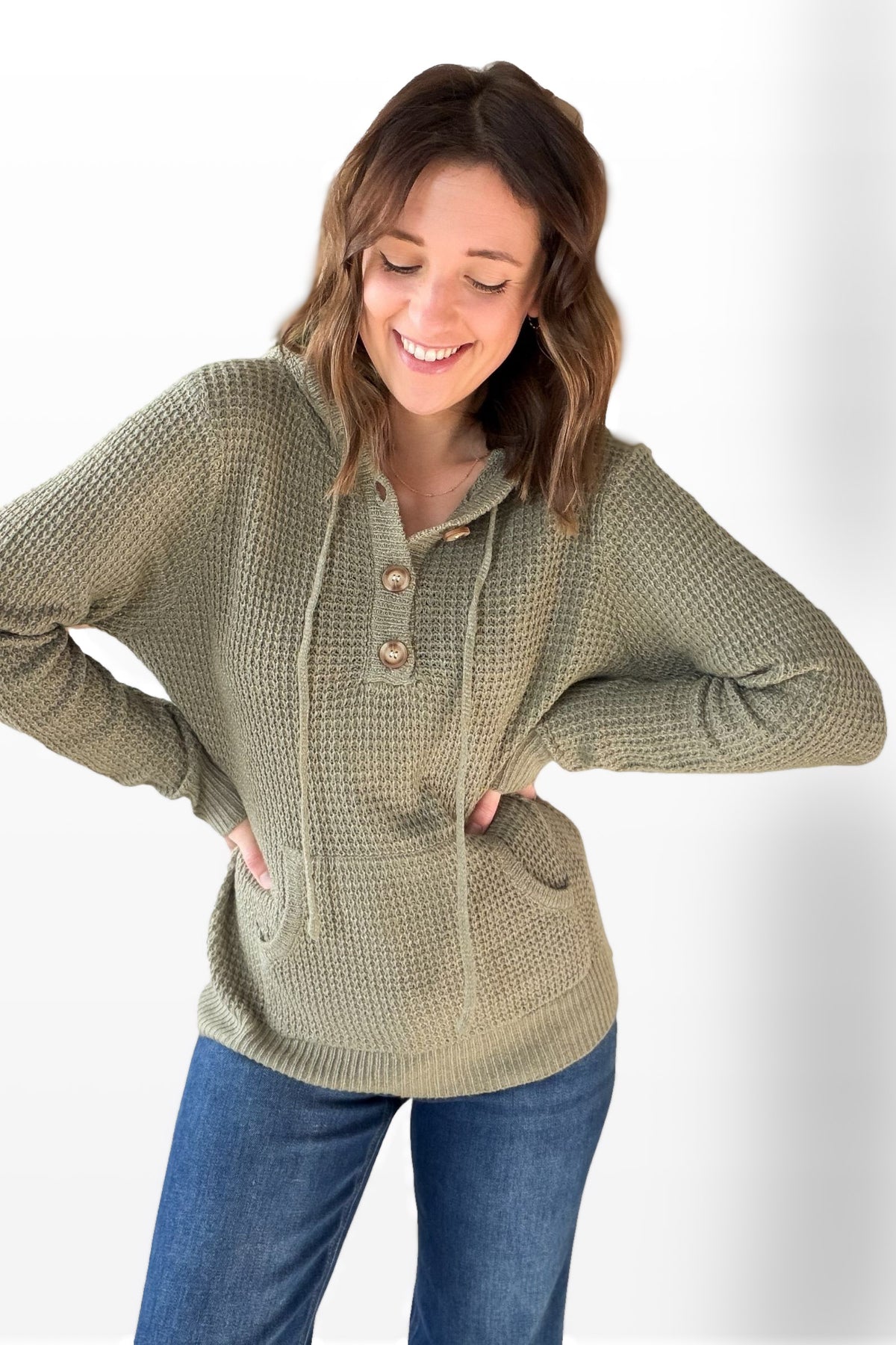 Olive Half Button Waffle Sweater
