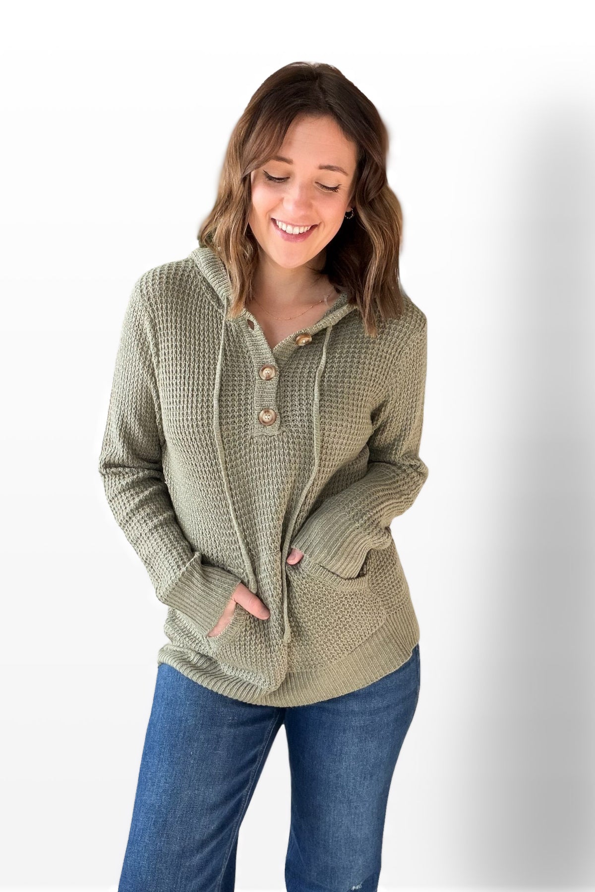 Olive Half Button Waffle Sweater