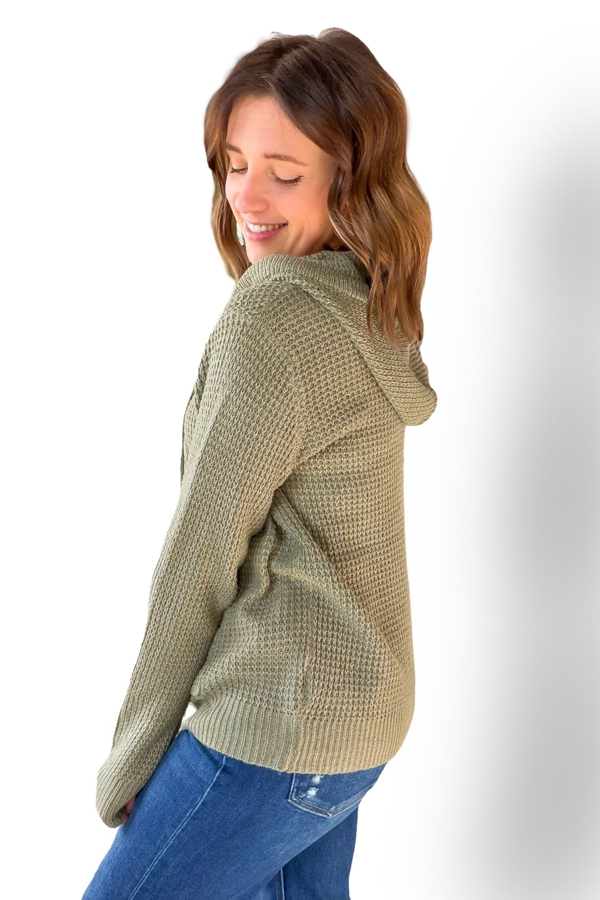 Olive Half Button Waffle Sweater