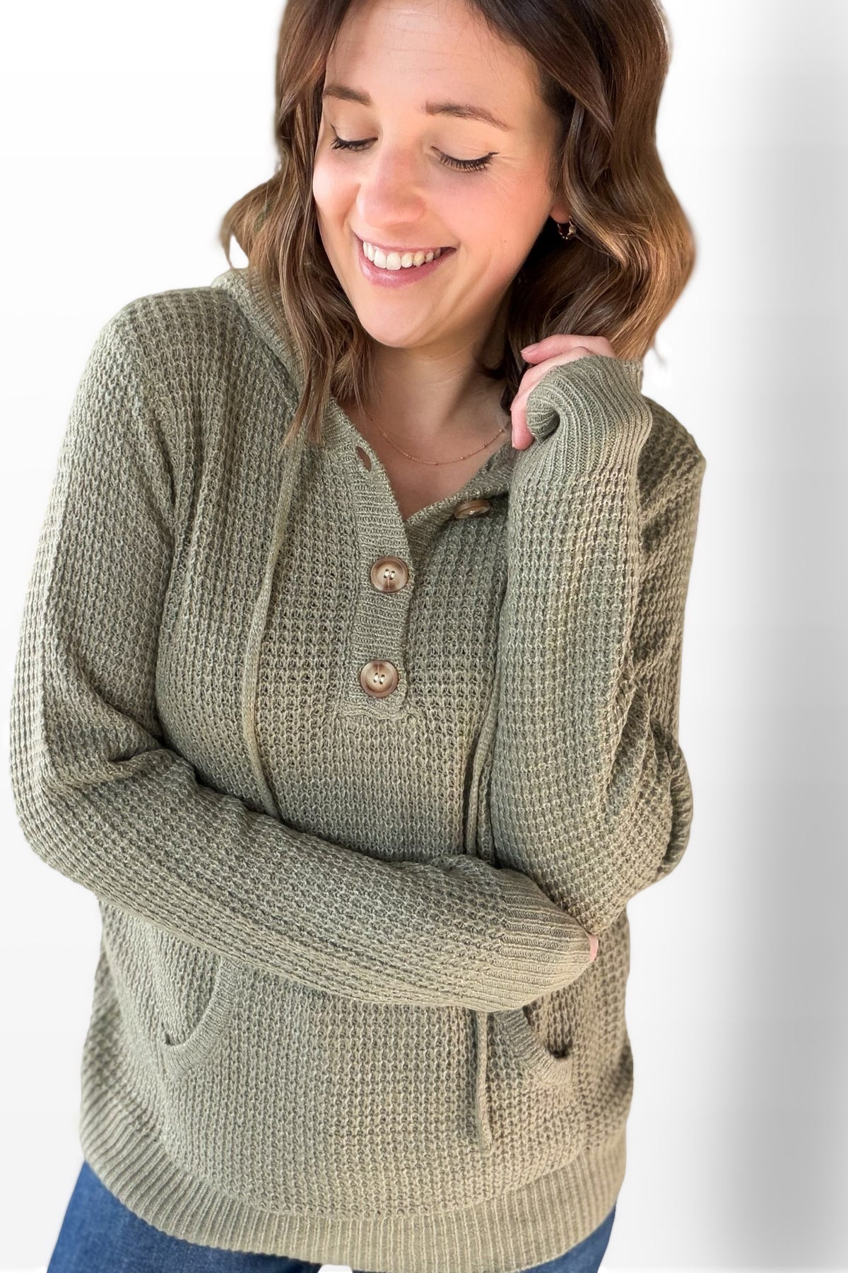 Olive Half Button Waffle Sweater