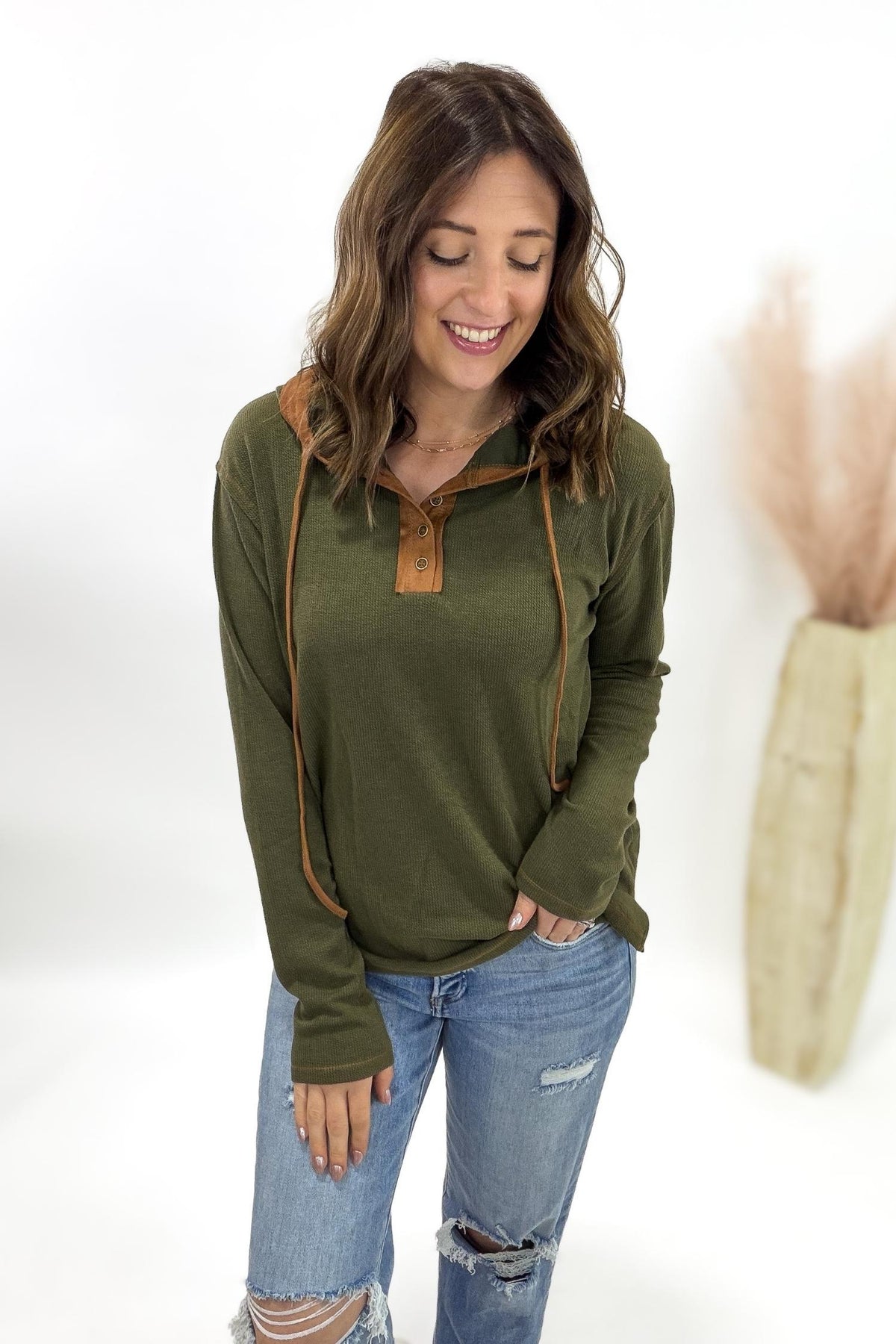 Olive Henley With Copper Suede Contrast