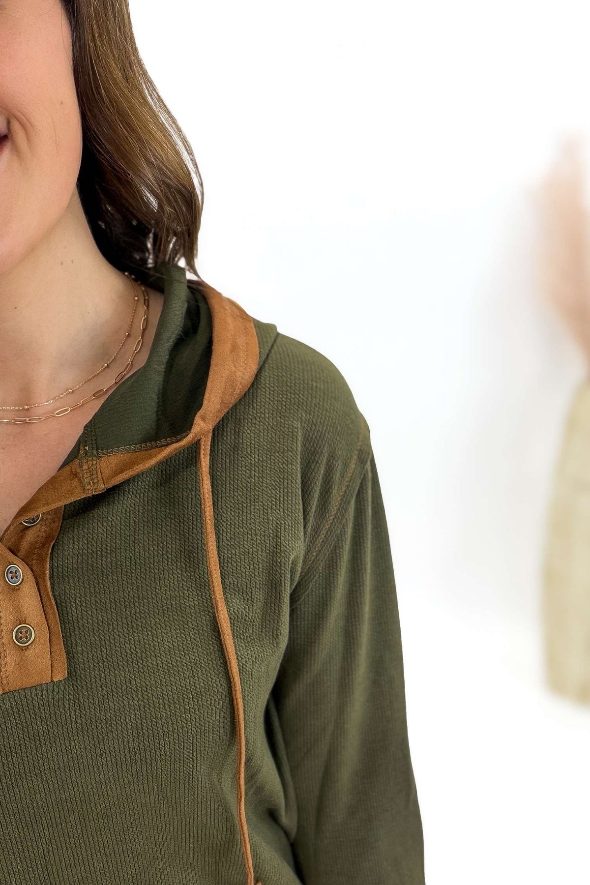 Olive Henley With Copper Suede Contrast