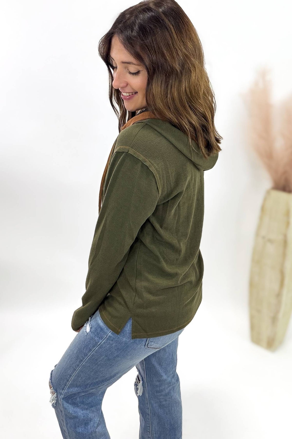 Olive Henley With Copper Suede Contrast