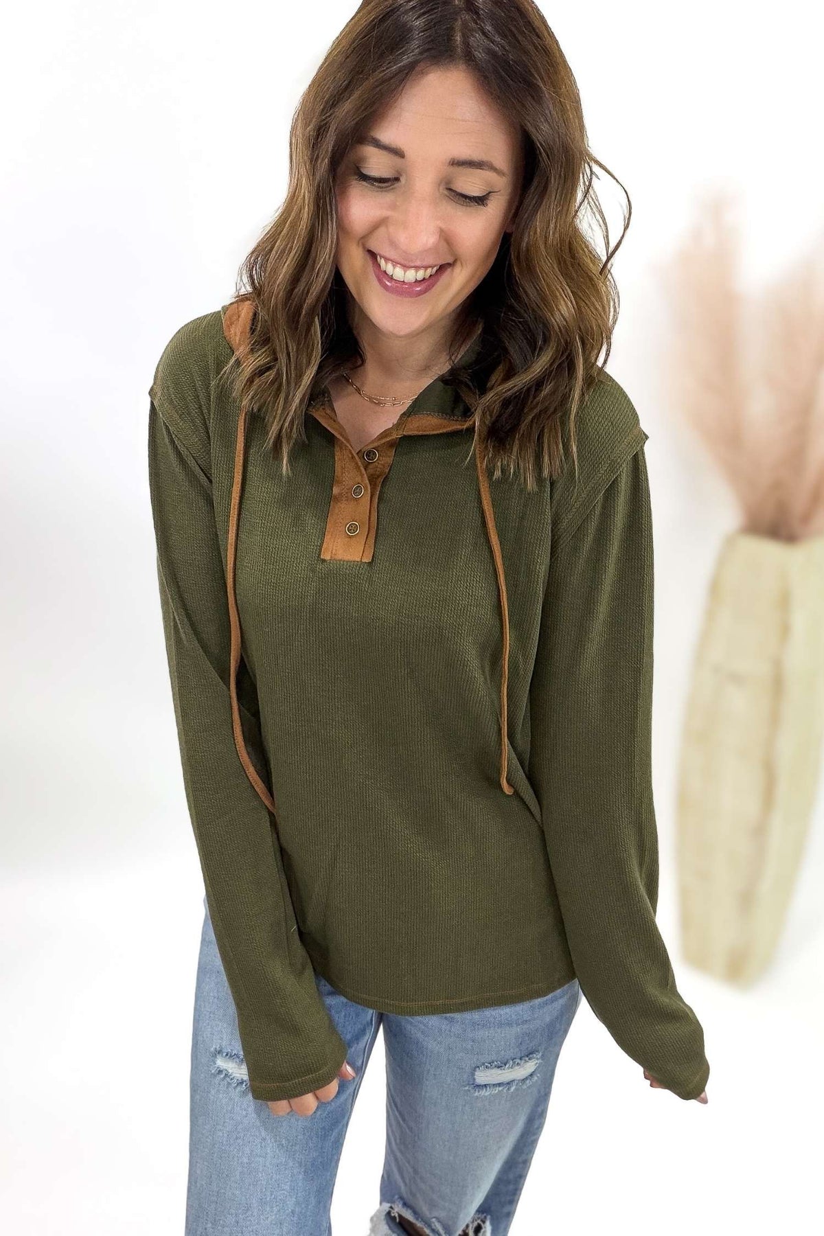 Olive Henley With Copper Suede Contrast