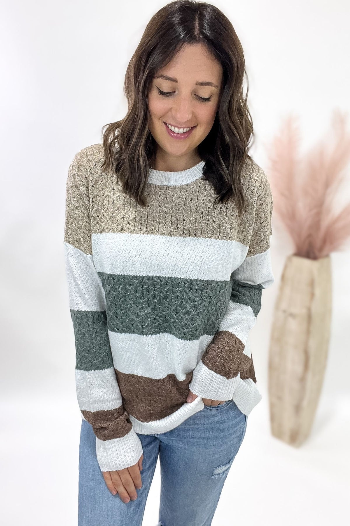 Olive Multi Texture Color Block Sweater