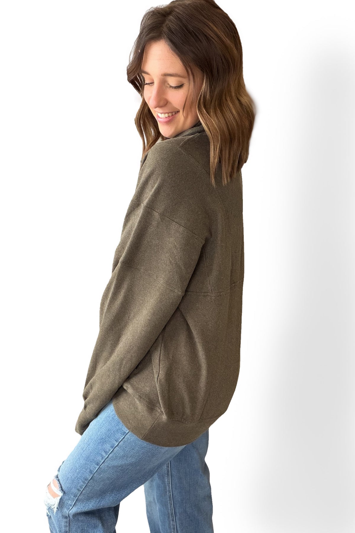 Olive Ribbed Brushed Quarter Zip Sweatshirt