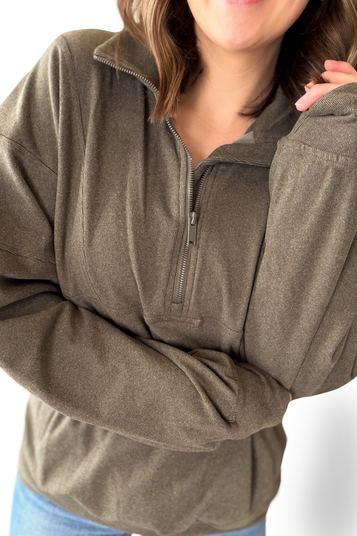 Olive Ribbed Brushed Quarter Zip Sweatshirt