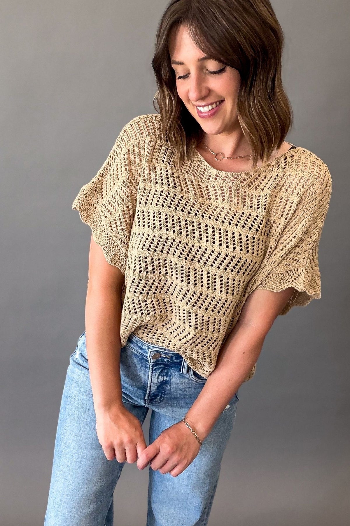 Open Weave Crochet Sweater In Latte