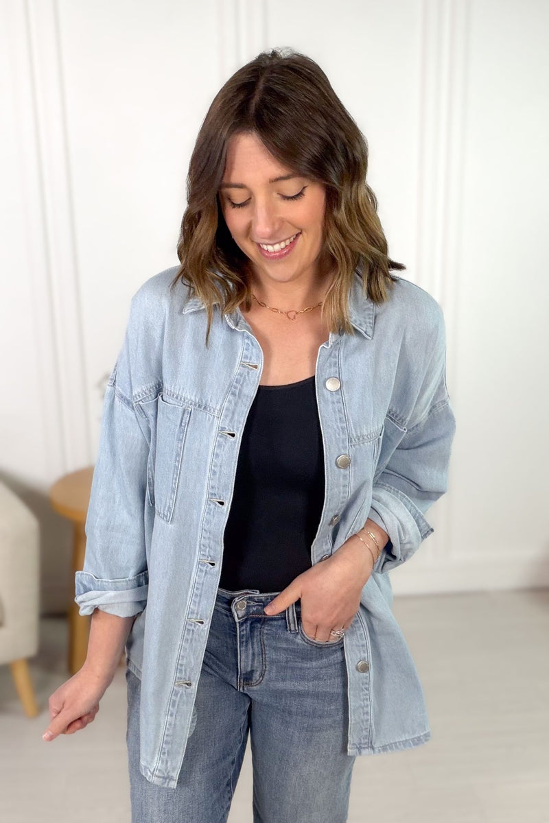Light wash oversized jean jacket front view