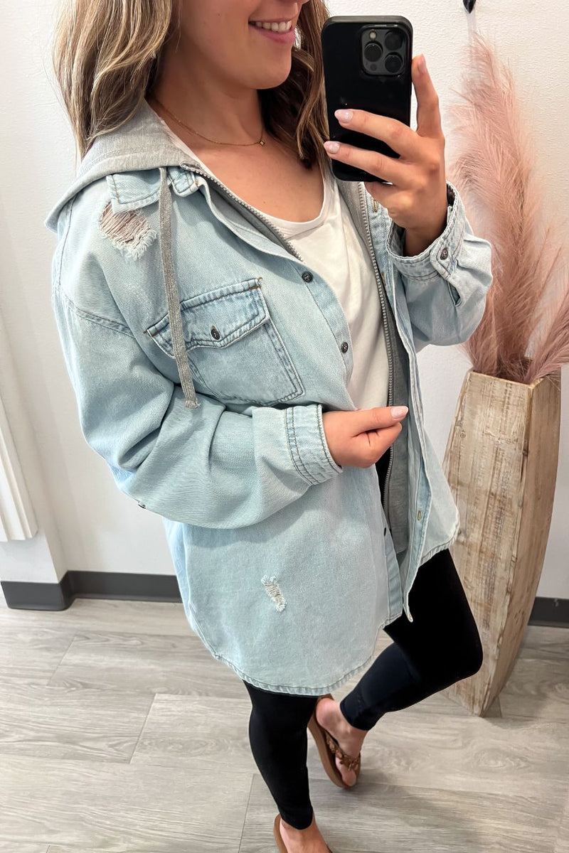 Oversized Zip Denim Jacket With Hoodie