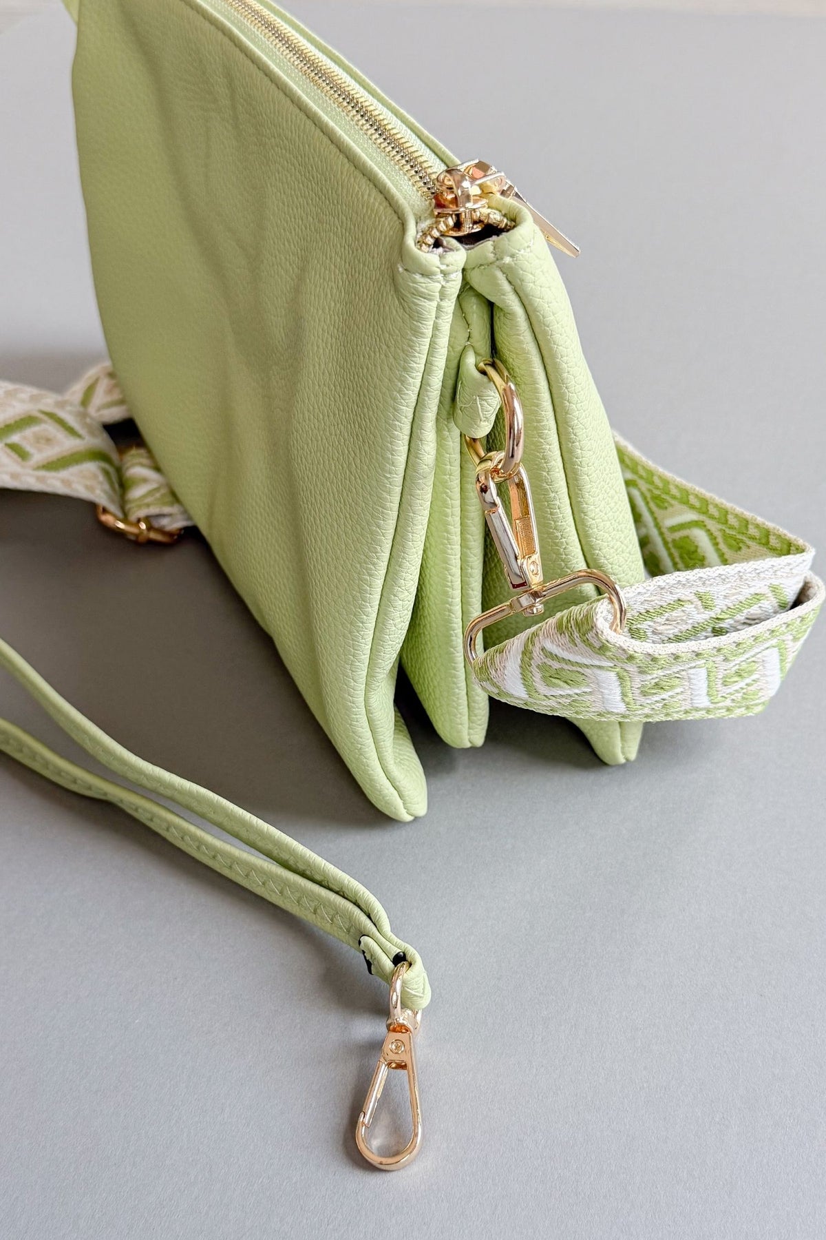 womens pale lime crossbody with removable guitar strap and clutch strap- vegan leather