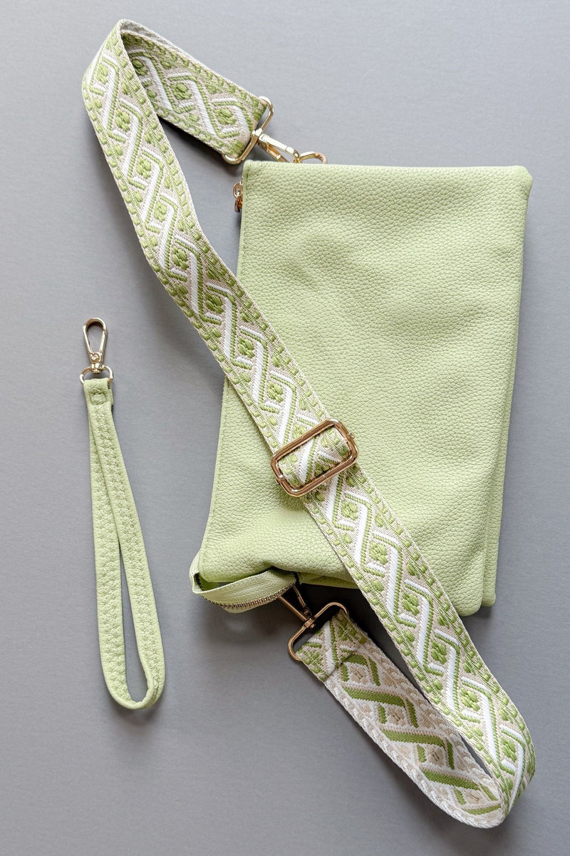 womens pale lime crossbody with removable guitar strap and clutch strap- vegan leather