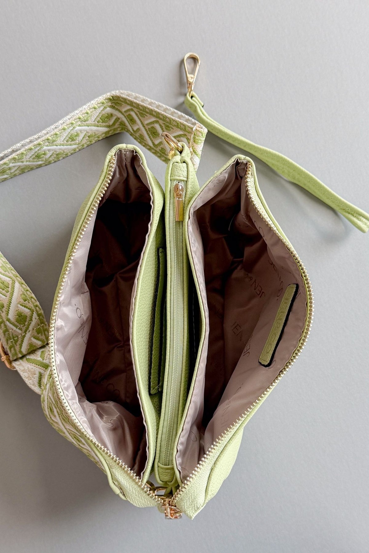 womens pale lime crossbody with removable guitar strap and clutch strap- vegan leather