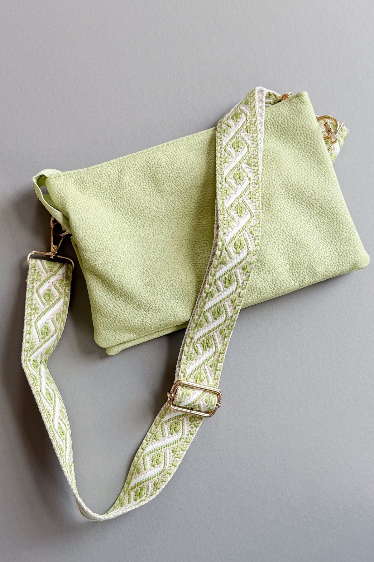 womens pale lime crossbody with removable guitar strap and clutch strap- vegan leather