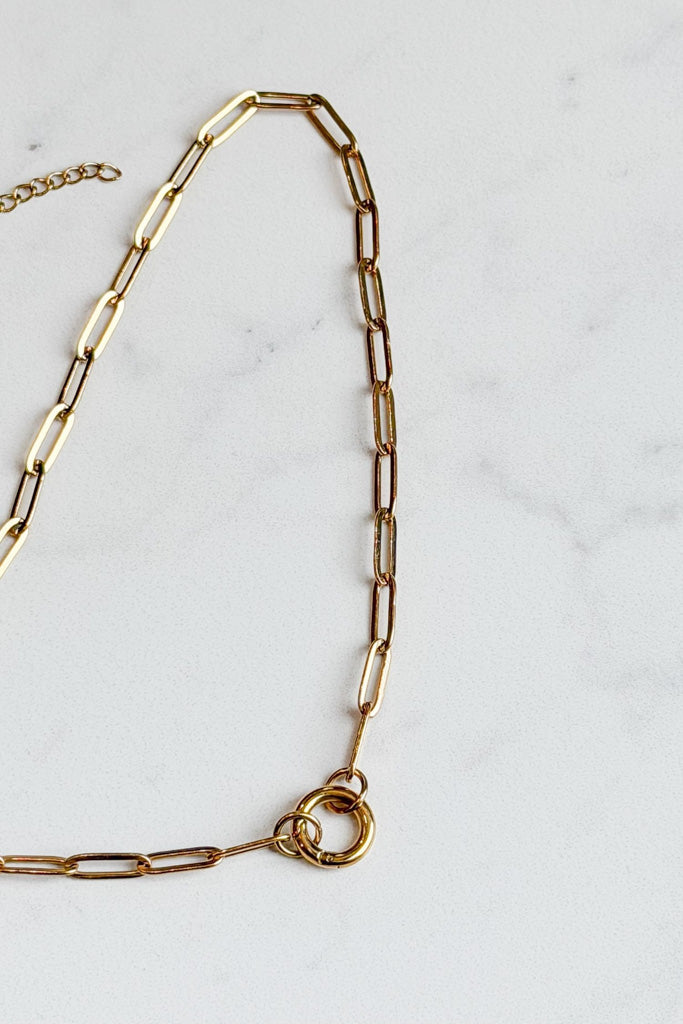 Gold chain necklace on a light gray background