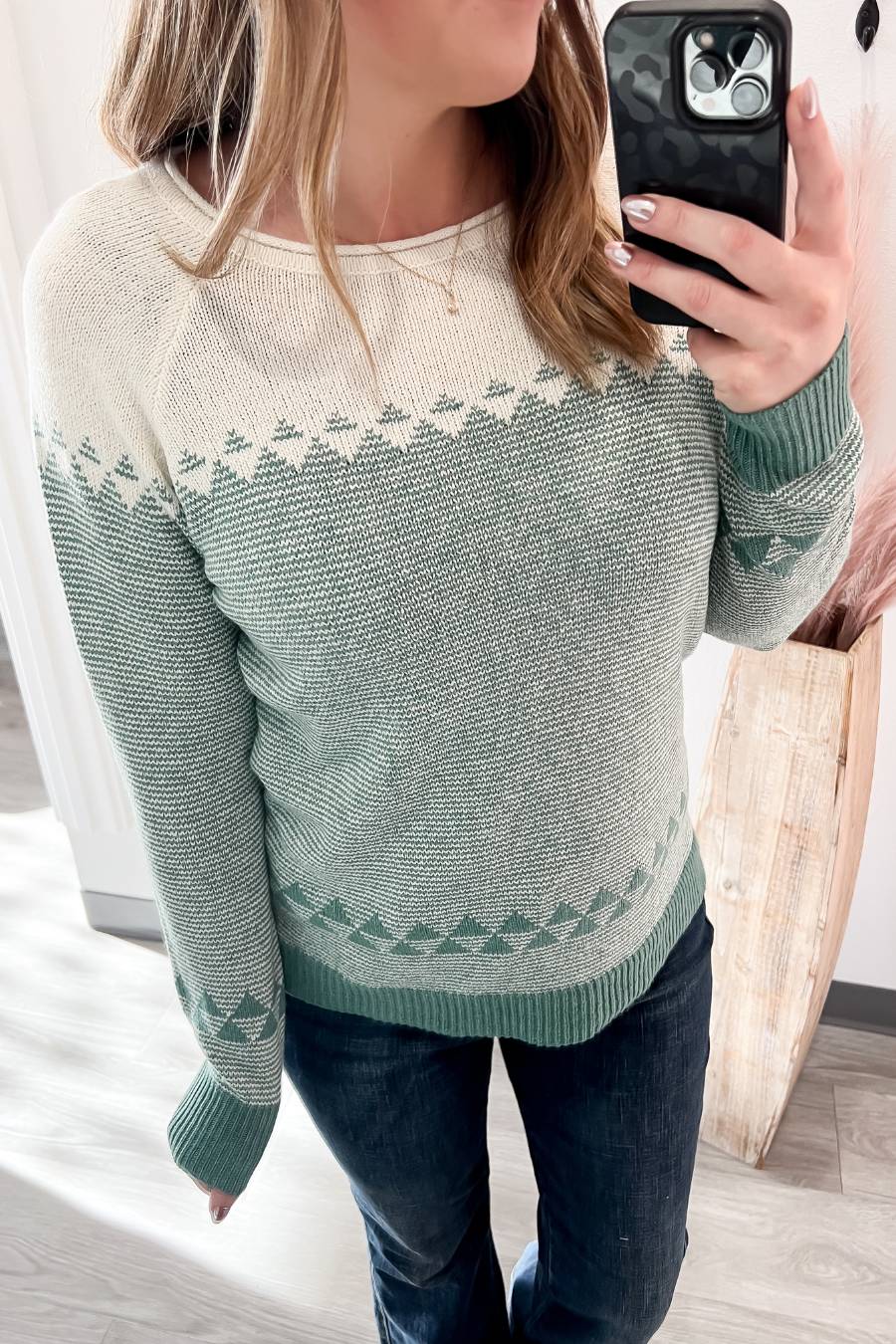 Pattern Color Blocked Sweater- Light Jade