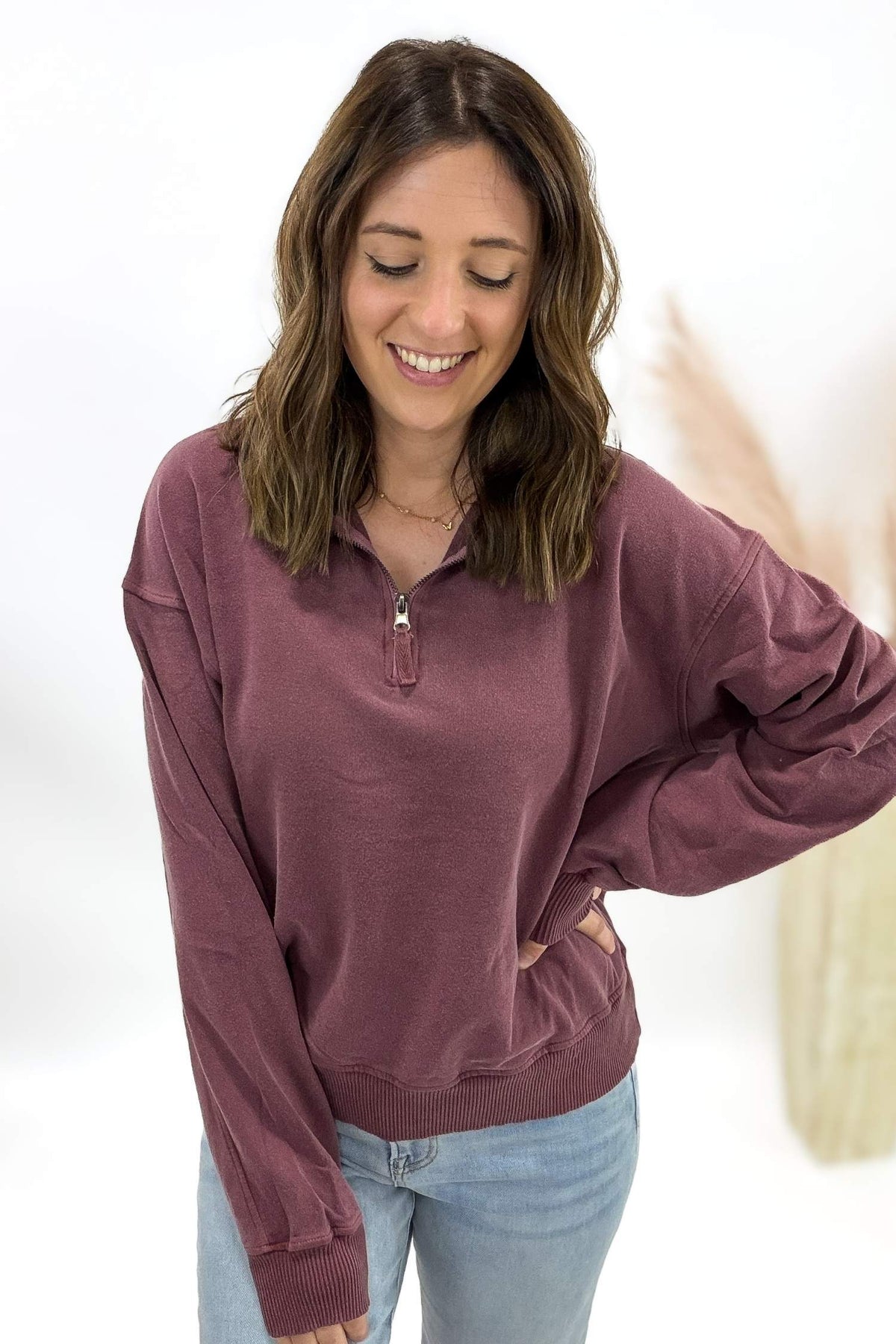 Plum Washed Half Zip Pullover