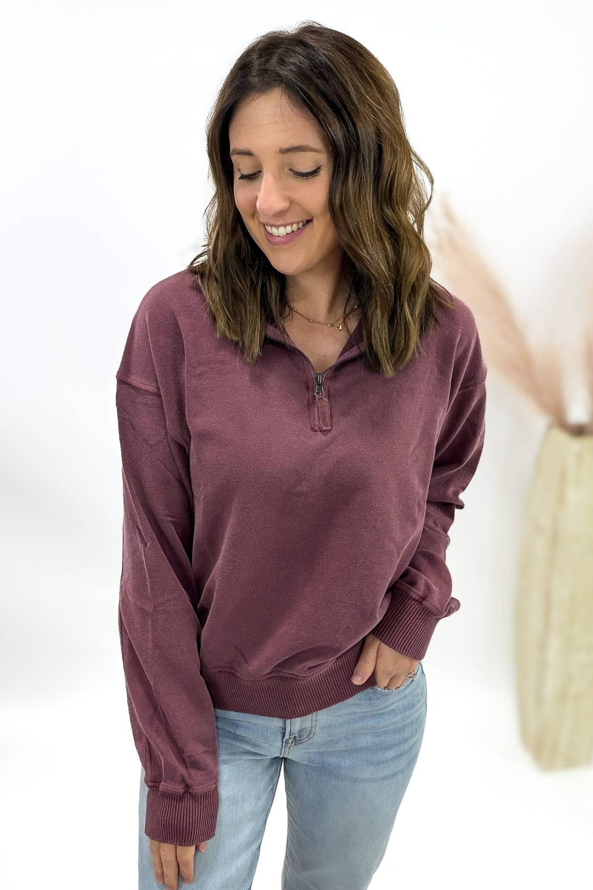 Plum Washed Half Zip Pullover