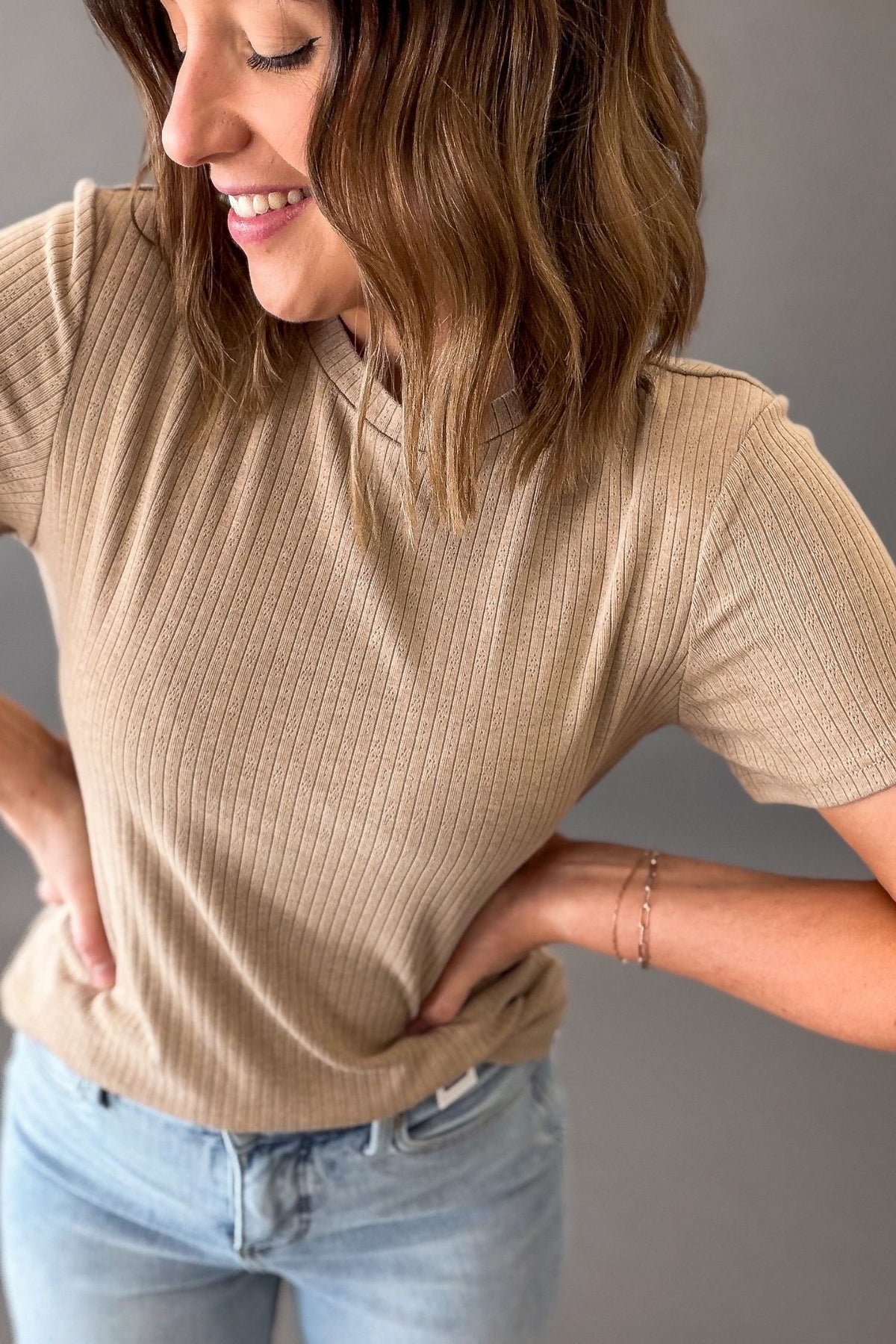 Beige pointelle ribbed knit top for women