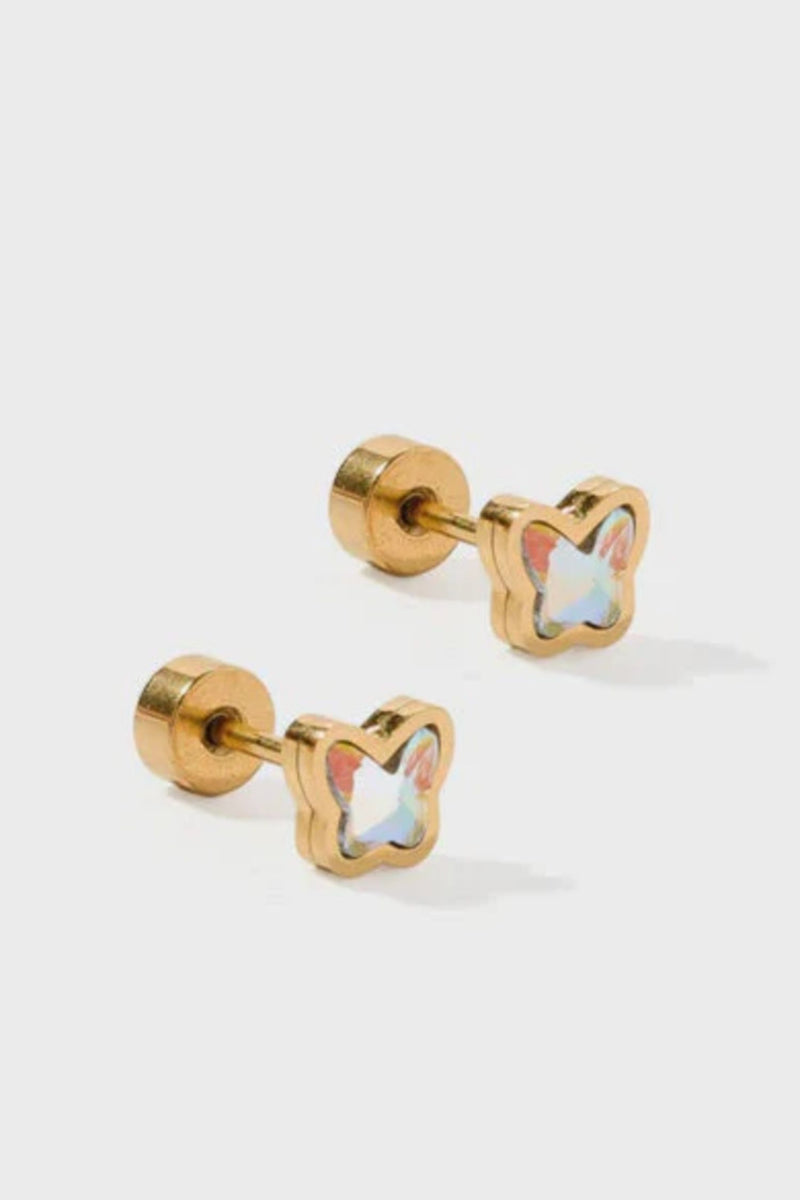 Gold butterfly earrings with rainbow centers on a white background
