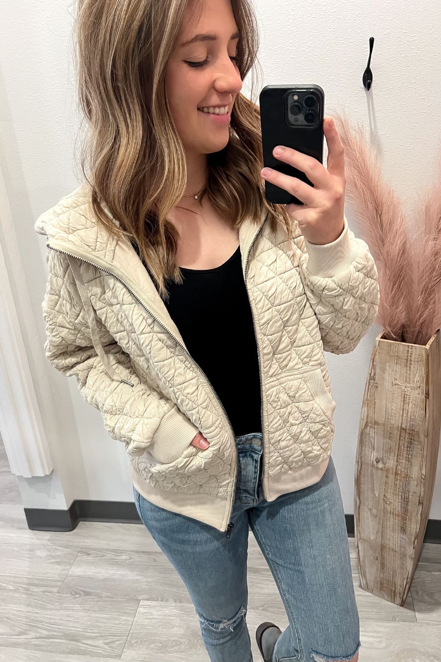 Quilted Full Zip Jacket- Oatmeal