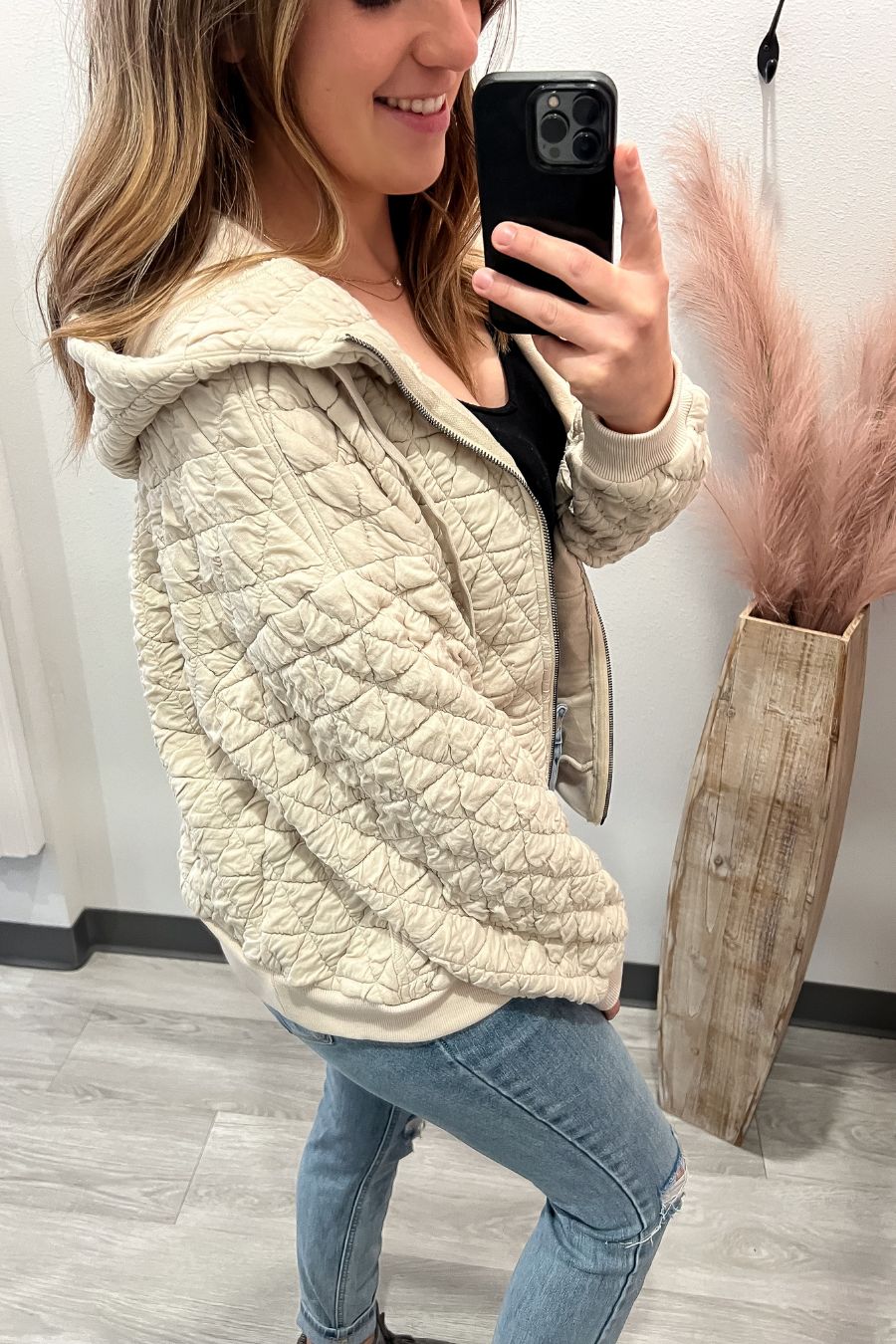 Quilted Full Zip Jacket- Oatmeal