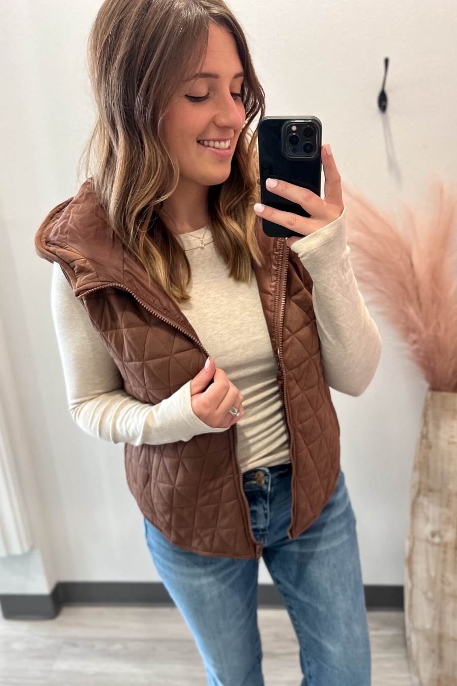 Quilted Lined Vest With Hood- Brown