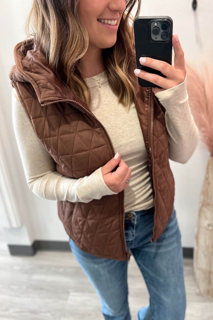 Quilted Lined Vest With Hood- Brown