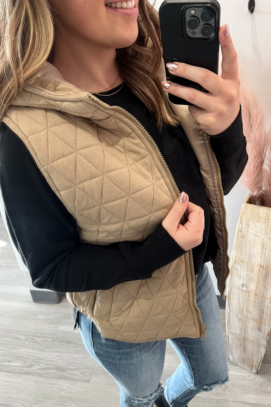 Quilted Lined Vest With Hood- Taupe