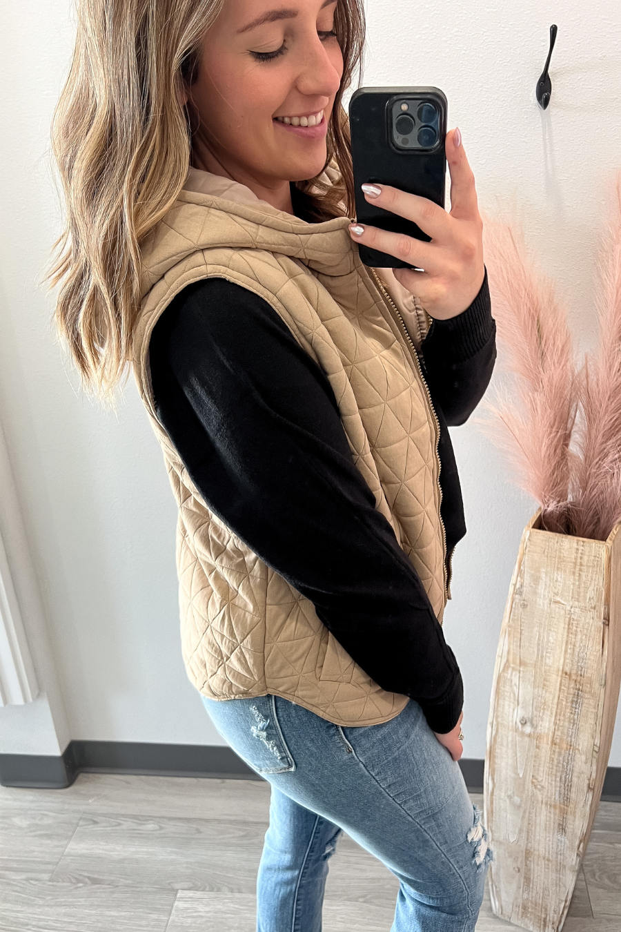 Quilted Lined Vest With Hood- Taupe