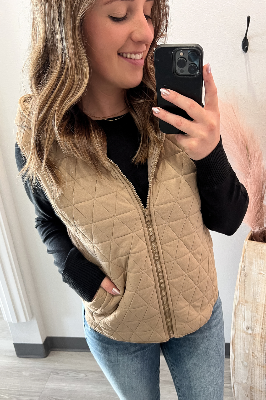 Quilted Lined Vest With Hood- Taupe