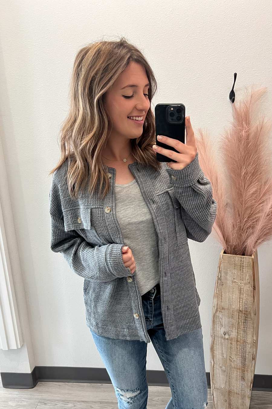 Ribbed Button Down Jacket- Denim