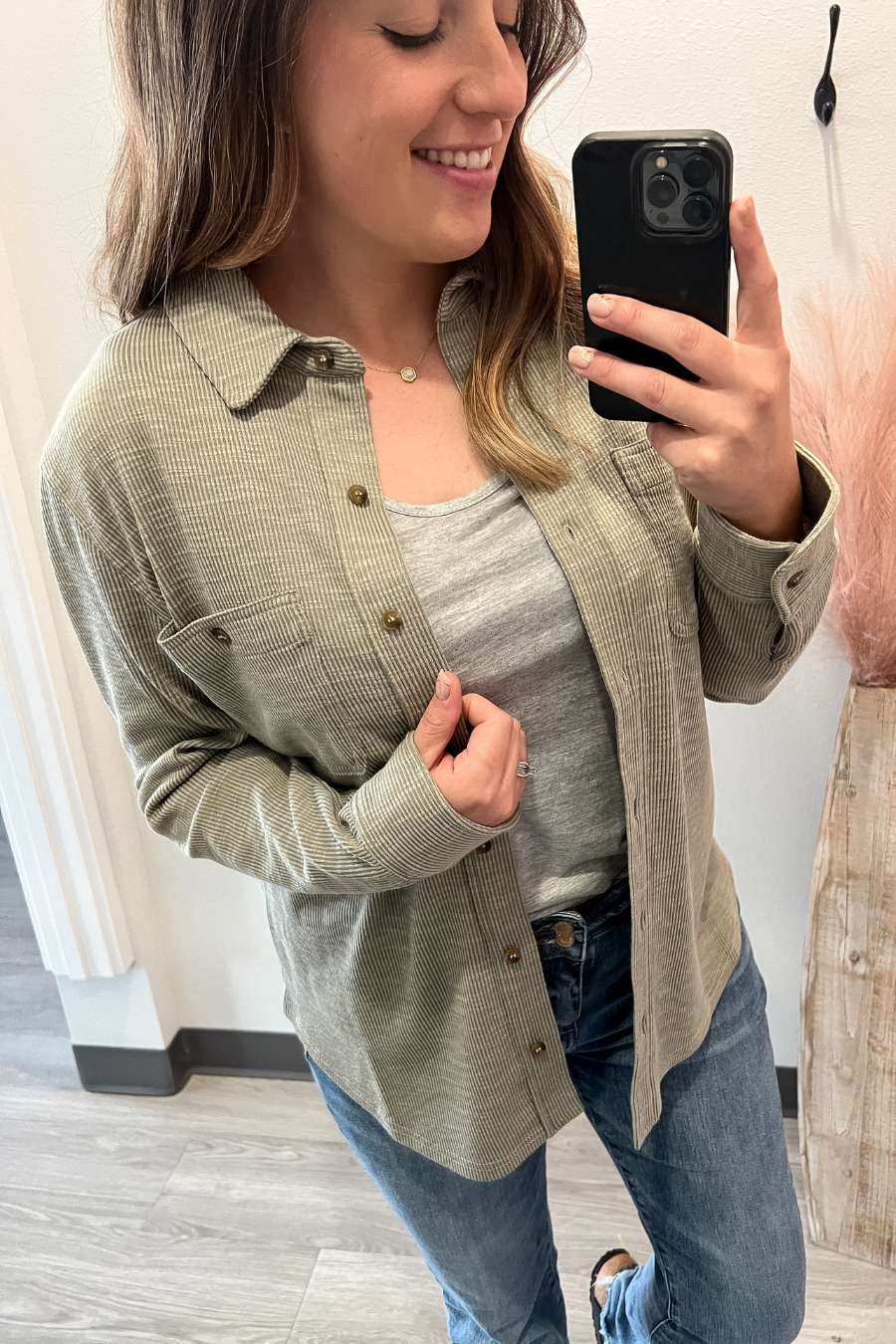 Ribbed Button Down Long Sleeve-Sage