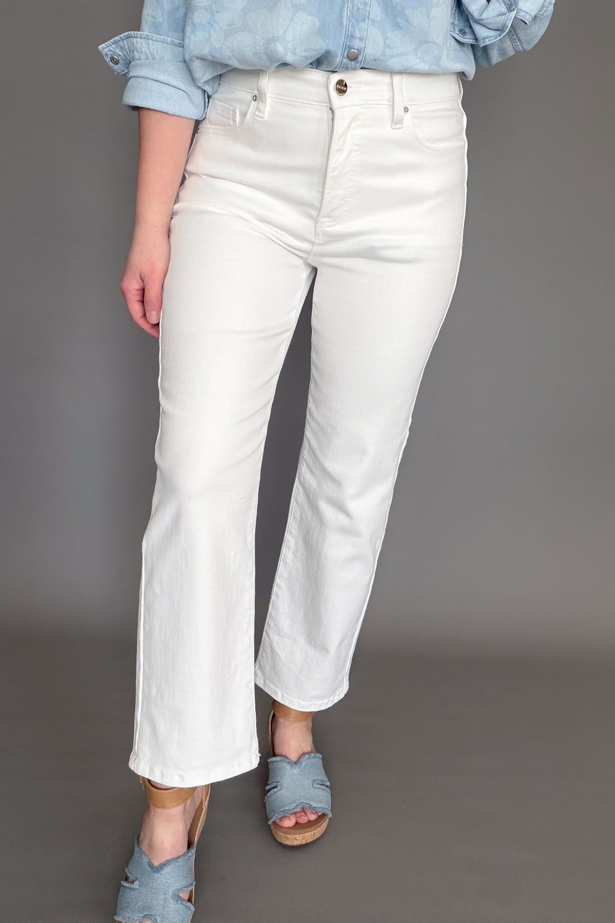 Risen high rise tummy control white straight crop jeans styled with sandals