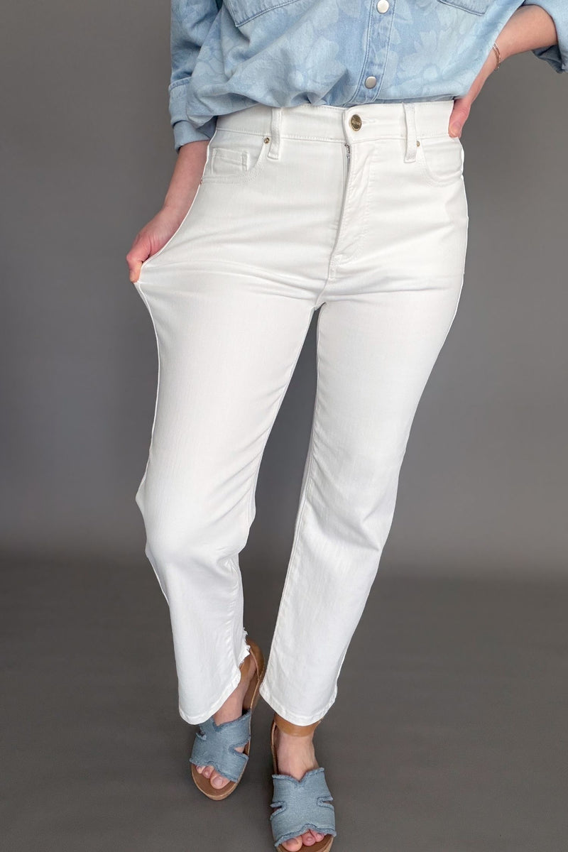 Risen high rise tummy control white straight crop jeans styled with sandals